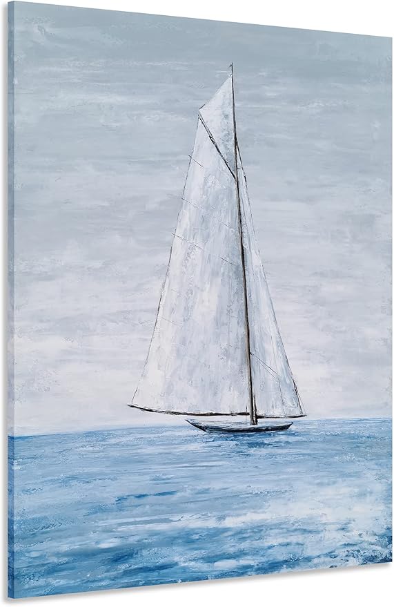 Yihui Arts Coastal Canvas Wall Art - Blue and White Nautical Boat Painting for Bathroom, Living Room, Bedroom, and Hallway Decor