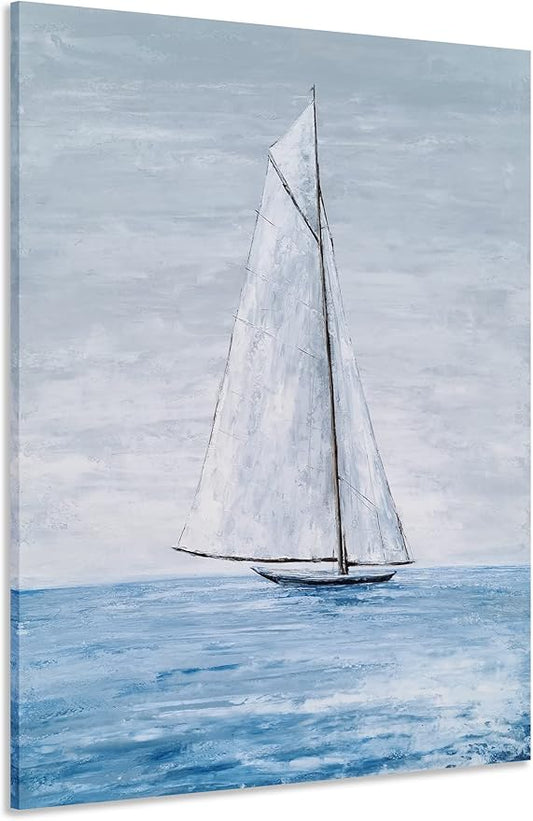 Yihui Arts Coastal Canvas Wall Art - Blue and White Nautical Boat Painting for Bathroom, Living Room, Bedroom, and Hallway Decor