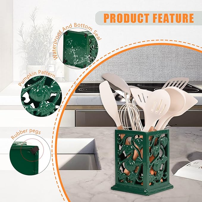 Utensil Holder for Kitchen Counter, Large Cast Iron Vintage Pumpkin Pattern Utensil Holder Cooking Tools Organizer Storage Crock, Green