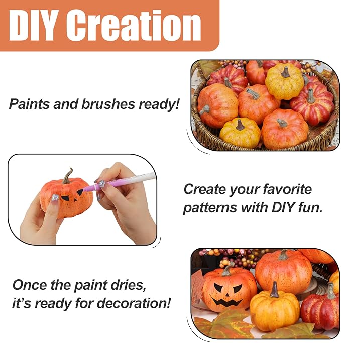 Realistic Mini Pumpkin Decor Indoor 16PCS Artificial Pumpkins for Fall Decorations for Home Fall Centerpieces for Tables Outdoor Thanksgiving Halloween Party/Berries Maple Leaf Autumn Fillers decor