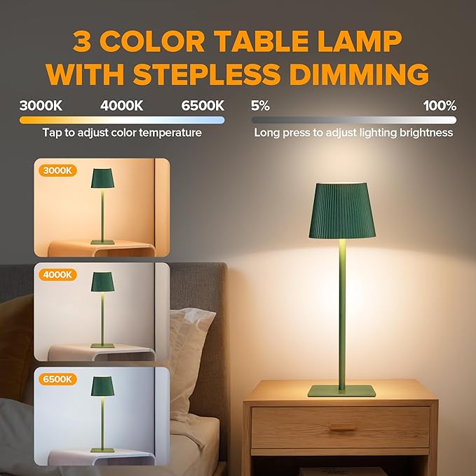 LUTEC 2 Pack Cordless Table Lamp,6000mAh Rechargeable Battery Operated Desk Lamp,Two Adjustable Heights,Waterproof, Touch Control & 3 Color Stepless Dimming for Restaurant/Bedroom/Bars/Outdoor (Green)