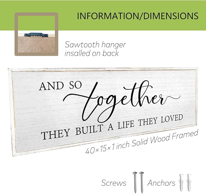 And So Together They Built A Life They Loved Wall Decor 40”X15” Rustic Master Bedroom Large Wood Framed Sign Above Bed Modern Farmhouse Quotes Couple Wall Art Over Bed Hanging Decoration (White)