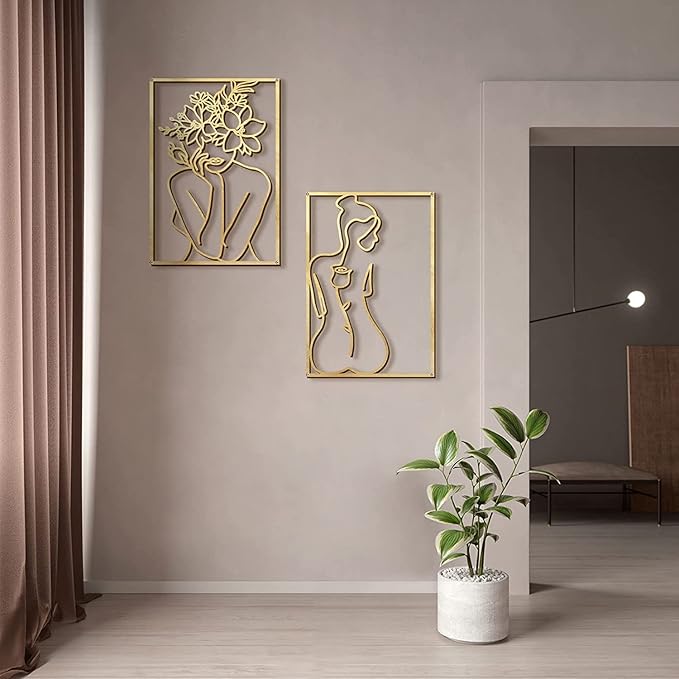 Glamativity Large 4 Pack Gold Wall Art Décor, Minimalist Décor Single Line Art Wall Décor, Real Metal Wall Art, Woman's Body Shape Abstract Wall Art (Gold Classic Style, L Size 22.5 x 15.7'')