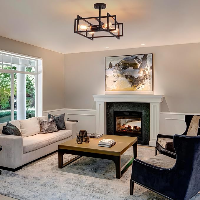 Metal Semi Flush Mount Ceiling Light Fixture, 4-Light Black Industrial Ceiling Lamp Rustic Vintage Farmhouse Lighting Chandelier Light for Kitchen Island Hallway Dining Room