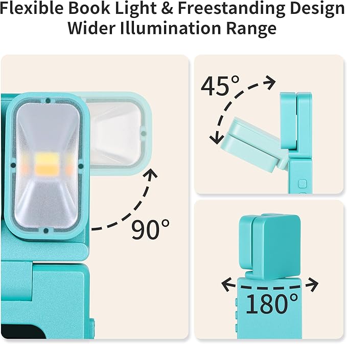 Dott Arts Book Light,Dual-Heads Reading Light for Bedtime with Screen Display.Rechargeable Ultralight Clip on LED Bookmark Lamp with 5 Color,6 Brightness Levels,1000mAh,Timer Function.Cyan