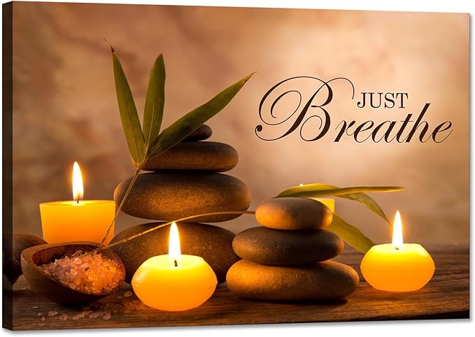 YIOZHAOFH Zen Wall Decor Just Breathe Motivational Bathroom Wall Art Yoga Room Poster for Women Spa Picture Painting Spiritual Artwork Framed for Living Room Ready to Hang (24L x 36W)