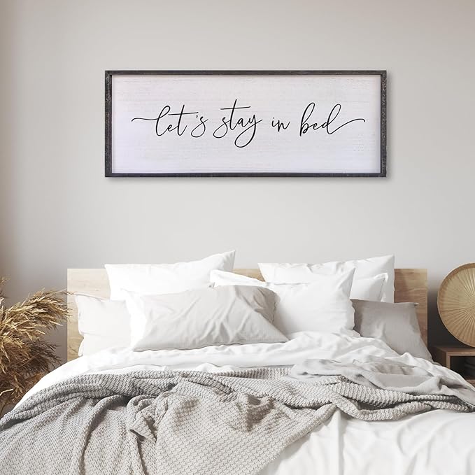 Surfapans Lets Stay In Bed Wall Decor 40”X15” Large Farmhouse Master Room Above Bed Soild Wood Framed Rustic Guest Room Sign Beautiful And Simple Plaque Over Bed Hanging Wall Art Decoration (Black)