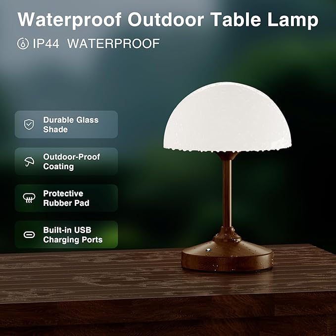 Mushroom Lamp Table Lamp Waterproof,Desk Cordless Battery Operated Lamps for Bedroom,Outdoor Cordless Rechargeable Table Lamps for Night Stands,5000mAh LED Night Light for Living Room(Walnut)