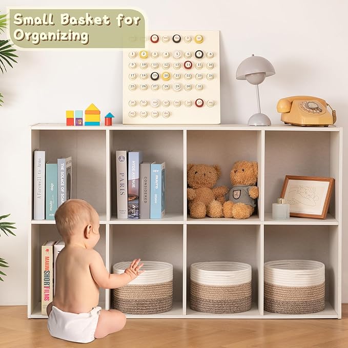 OIAHOMY Small Storage Baskets for Organizing,Closet Cube Shelf Storage, 9.8”×9.8”×7.1”, Woven Cotton Rope Gift Baskets for Nursery,Cute Dog Toy bins, Round 3 Packs, Gradient Brown