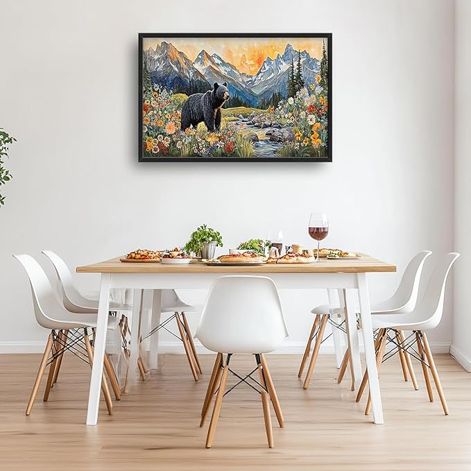 Extra Large Framed Abstract Black Bear Mountain Wall Art,Colorful Wildflower Forest Landscape Wall Decor Pictures for Living Room,Canvas Print Painting Modern Artwork Bedroom Office Bathroom 36L x24W