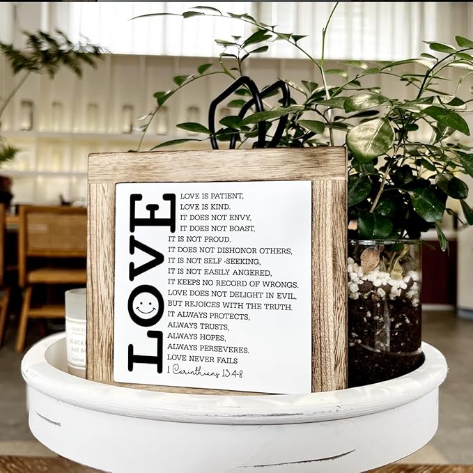 Loves Quote Wood Sign, Bible Verse Decor Art, Christian Home Decor for Living Room Bedroom, Couple Gift for Wedding Anniversary, Scripture Corinthians 13:4-8a Signs, Love is Patient Love is Kind Sign