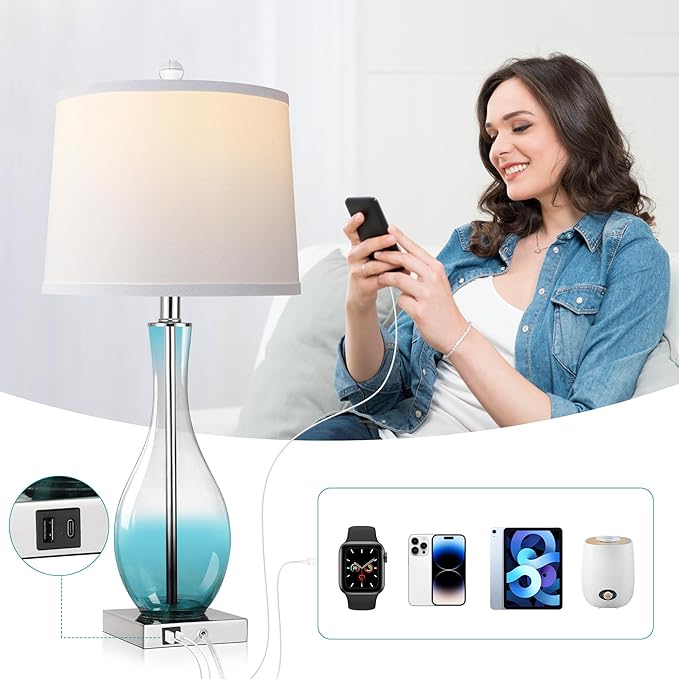 Table Lamps Set of 2 with Touch Control, 27" Bedside Desk Lamps for Nightstand Decorations, 3-Way Dimmable Modern Glass Table lamp with USB C and A Charging Ports, Blue (LED Bulbs Included)