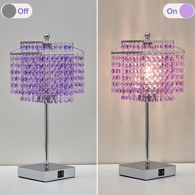 Luvkczc Purple Bedside Crystal Table Lamp Set of 2, Touch Control Lamps, 3-Way Dimmable Lamp with Crystal Shade for Bedroom, Girl Living Room, 6W B11 Bulb Included