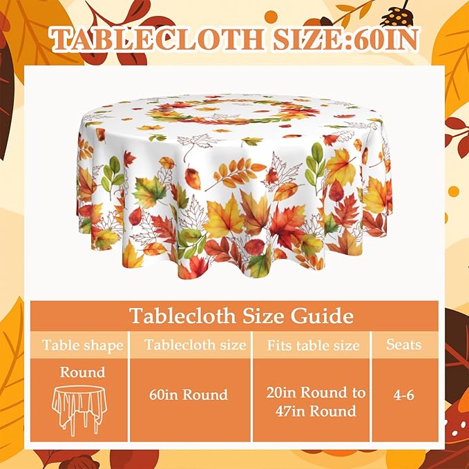 Fall Round Tablecloth 60x60 Inch Autumn Maple Leaf Table Cover Holiday Decorations Seasonal Decor for Home Kitchen Dining Room Picnic Party Thanksgiving
