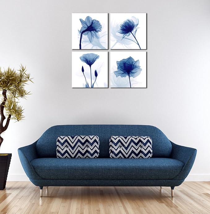 Pyradecor Large Blue Flickering Flower Modern Abstract Paintings Canvas Wall Art Gallery Wrapped Grace Floral Pictures on Canvas Prints 4 Panels Artwork for Living Room Bedroom Office Home Decorations
