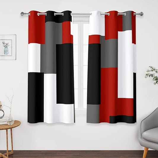 Red Black 100% Blackout Curtains 45 inch Length 2 Panels Set White Grey Modern Abstract Geometric Drapes for Kitchen Black Out Curtains Insulated Room Darkening Small Window Curtains, 42Wx45L