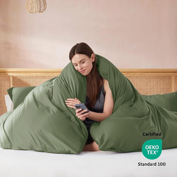 Nestl Twin Duvet Cover Set with Comforter Insert - Olive Green 3 Piece 68x90 Duvet Cover & 1 Pillow Sham with White Quilted Down Alternative Comforter, Ultra Soft, All Season