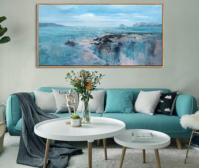 Large Framed Canvas Wall Art - Abstract Modern Artwork for Living Room Decor, 30x60 Blue Ocean Coastal Theme