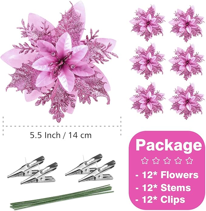 Christmas Poinsettia Artificial Flowers Decorations 5.5" Christmas Tree Wreaths Garland Decoration 12 Pcs Glitter Flowers Picks Decor for Xmas New Year Wedding Party Ornaments (Purple)