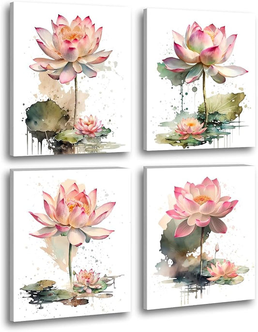 Framed Lotus Floral Wall Art Prints,Lotus Flower Canvas Wall Art,Watercolor Lotus Bloom Meditation Poster,Pink Lotus Zen Canvas Wall Art for Office Bathroom Room Decor Set of 4(8”X10”)