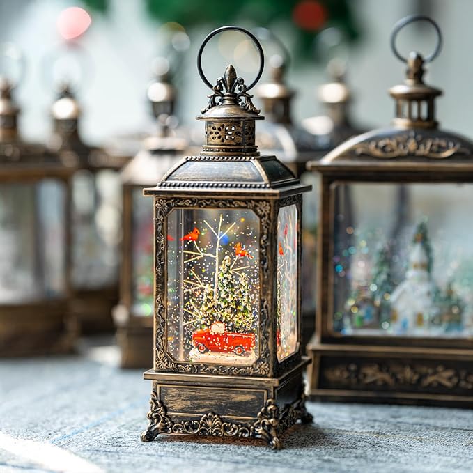 Christmas Snow Globe Lantern Water Glittering Cardinal & Church with Music & Timer, USB Lined/Battery Operated Lighted Lantern for Christmas Festival Decoration Gifts