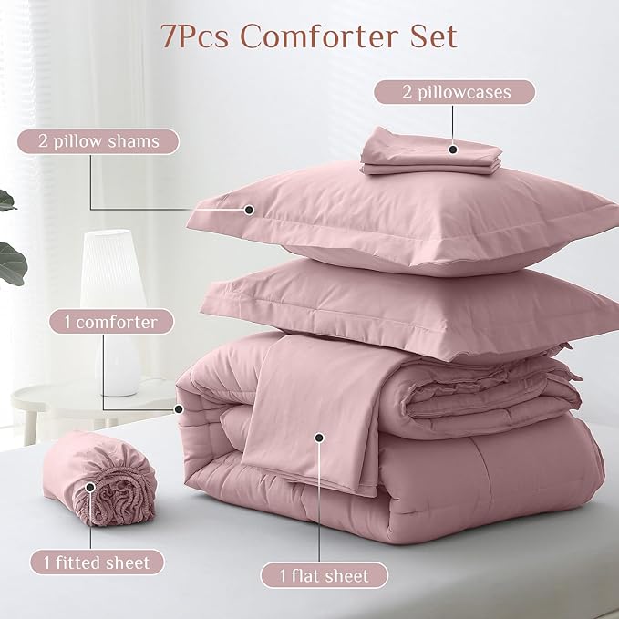 JOLLYVOGUE Queen Comforter Set, Ultra-Soft Bed in a Bag Queen Size 7 Pieces, Oeko-TEX Certified Bedding Set with Down Alternative Comforter, Sheets, Pillowcases & Shams, Camio Pink
