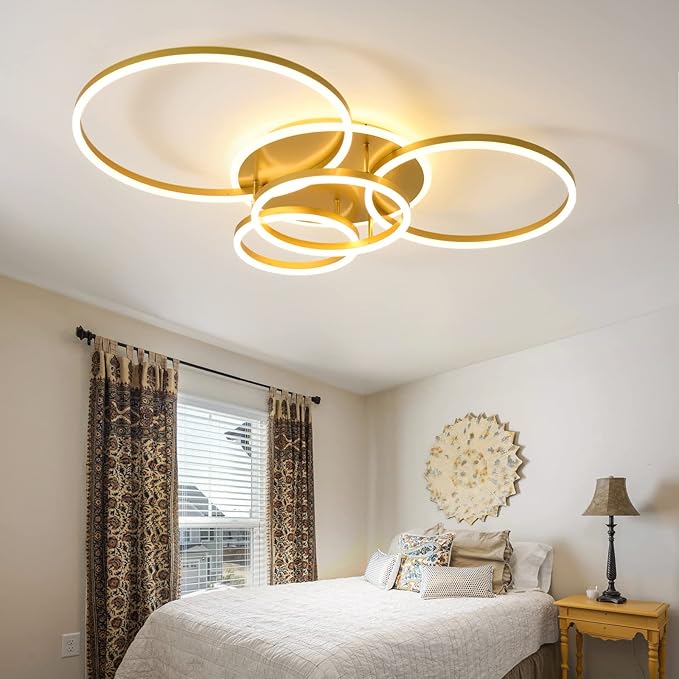 Modern LED Ceiling Light 90W Dimmable Ceiling Light Fixture with Remote Control 5 Rings Flush Mount Ceiling Light Gold Acrylic Chandelier LED for Living Room Bedroom Kitchen Light fixtures(4+1G01)
