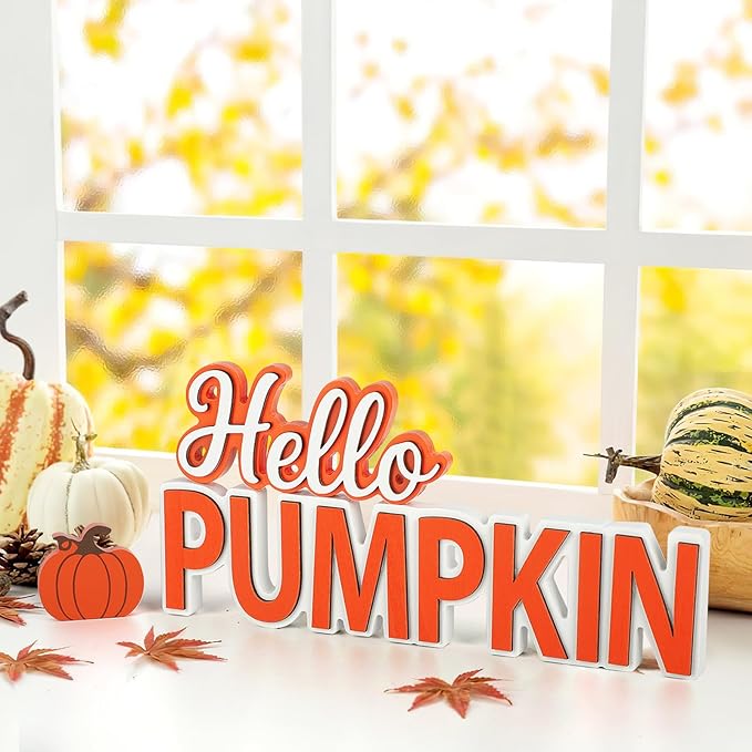 Fall Hello Pumpkin Wooden Sign Thanksgiving Tiered Tray Decorations Fall Decorations for Home Autumn Sign with Hello Pumpkin Lettered Centerpieces for Harvest Halloween