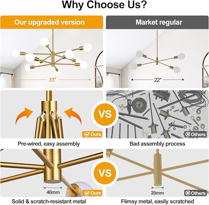 Sputnik Chandeliers Dining Room Light Fixture (10-Light, 33-Inch), Modern Gold Chandelier, Height Adjustable Mid Century Modern Chandeliers for Bedroom Kitchen Entryway