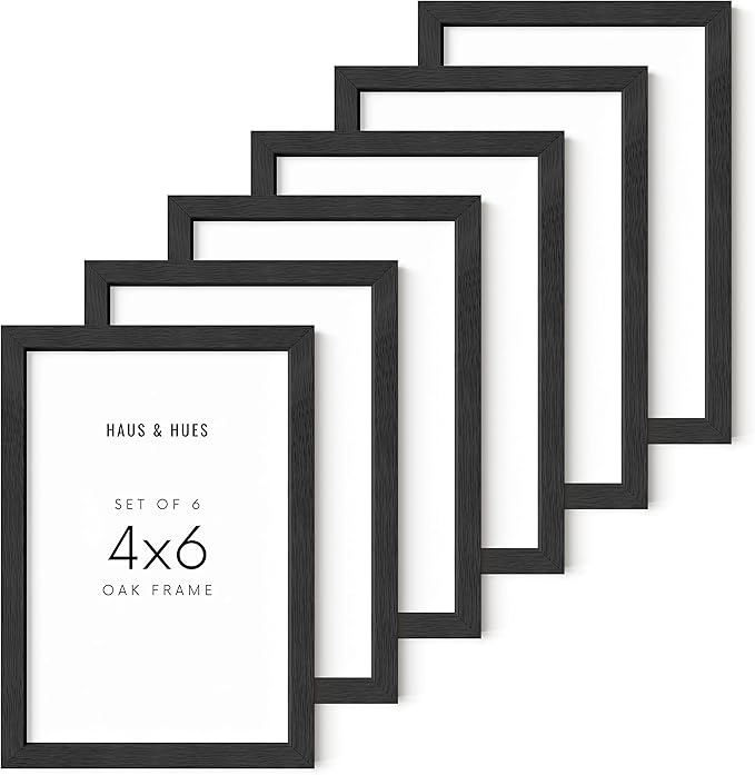 HAUS AND HUES Solid Oak Black Picture Frames - Set of 6, 4x6, Wall or Tabletop, Black Wooden Frames for Gallery Wall