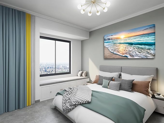 Baisuart S02262 Canvas Prints Wall Art Beach Sunset Ocean Waves Nature Pictures Stretched Canvas Wooden Framed for living Room Bedroom and Office