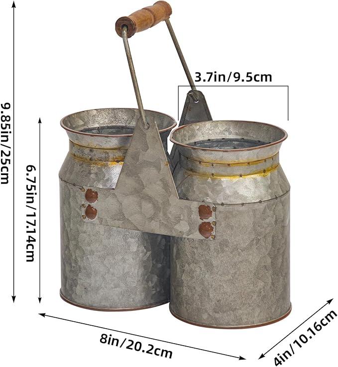 Set of 2 Rustic Galvanized Metal Planters, Flower Vases for Dried Flowers or Succulents, Farmhouse French Country Buckets for Wedding, Office, Home Decor, 8x4x6.75 Inch