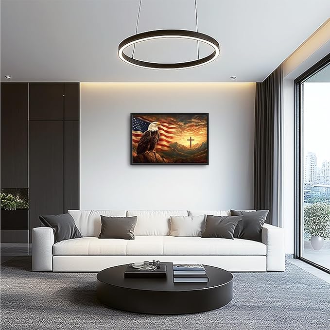 Framed Large Wall Art for Living Room, Bald Eagle American Flag Canvas Wall Decor, Large Christian Cross Picture Framed Painting, Modern Artwork for Bedroom Office 36L'' × 24W''