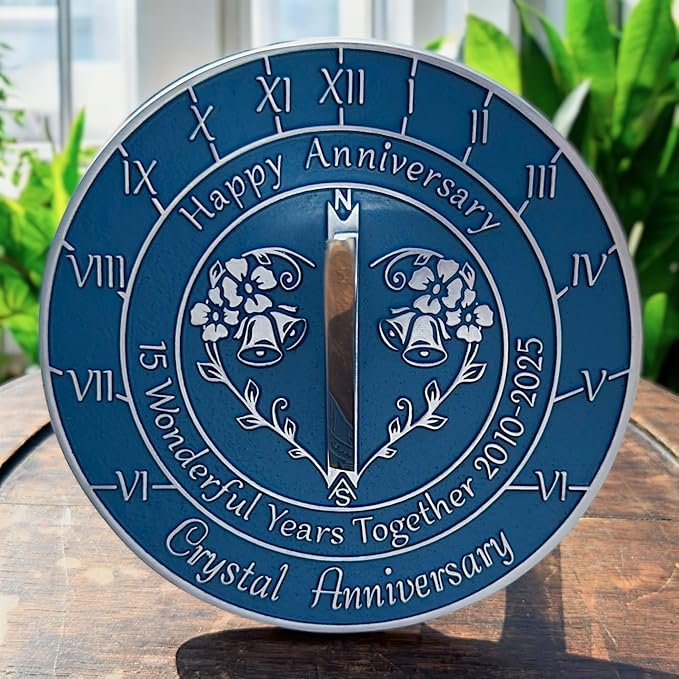 Anniversary Sundial Gift for 15th Crystal Wedding Anniversary in 2025 - Recycled Metal Home Decor Or Garden Present Idea - Handmade in UK for Him, Her Parents Or Couples 15 Year Celebration