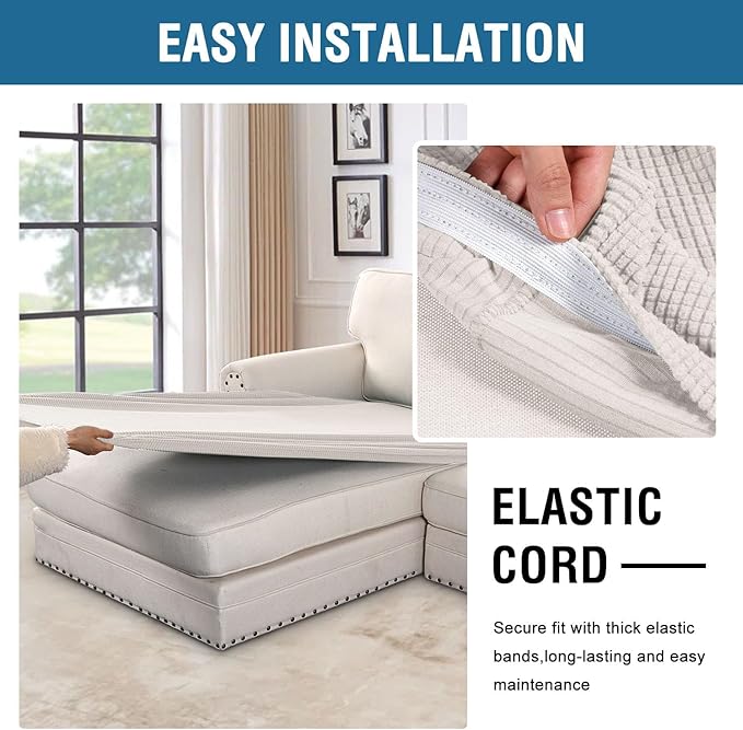 H.VERSAILTEX Super Stretch Individual Chaise Cover Sectional Couch Covers for L Shaped Sofa Both Left/Right Featuring Thick Jacquard Textured Twill Fabric (1 Piece Chaise Cover Large, Ivory)