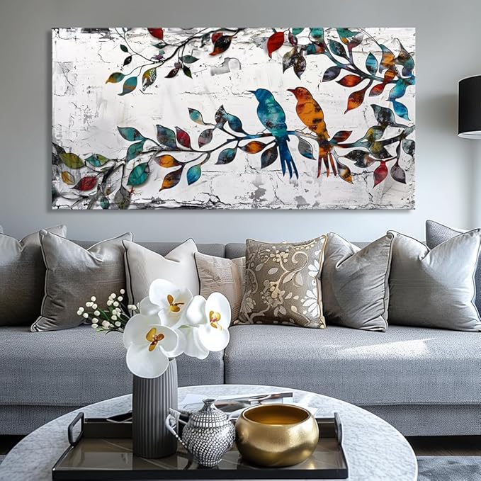 Wall Art Funny Paintings Colorful Birds on a Branch Art Mural Pop Art Home Office Wall Decor Framed Canvas Wall Decor for Living Room Ready to Hang - 58x28in