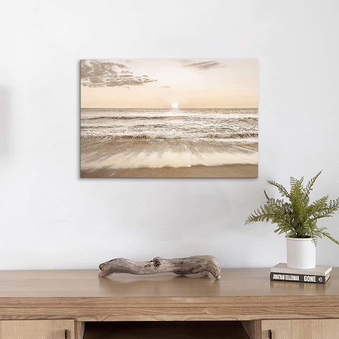 Coastal Beach Canvas Wall Art: Sea Waves Painting Sunset Ocean Scenery Pictures Contemporary Tropical Nature Photography Prints Modern Seascape Artwork for Bedroom Bathroom Living Room
