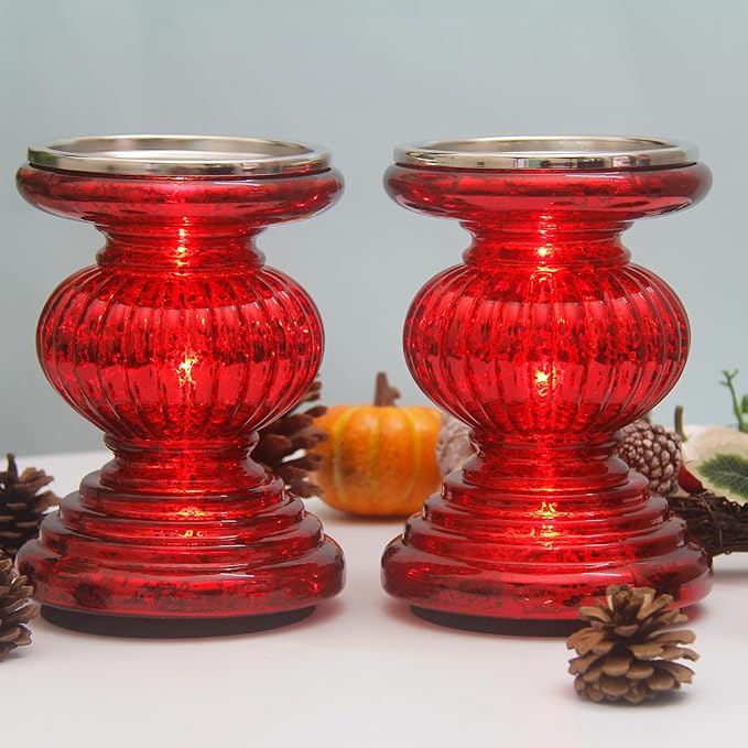Mercury Glass Pillar Candle Pedestal Holders with Lights Set of 2,Candle Holder for Pillar Candle,Candlestick Holders,Perfect Decoration for Wedding Home Dining Table Xmas(Red)