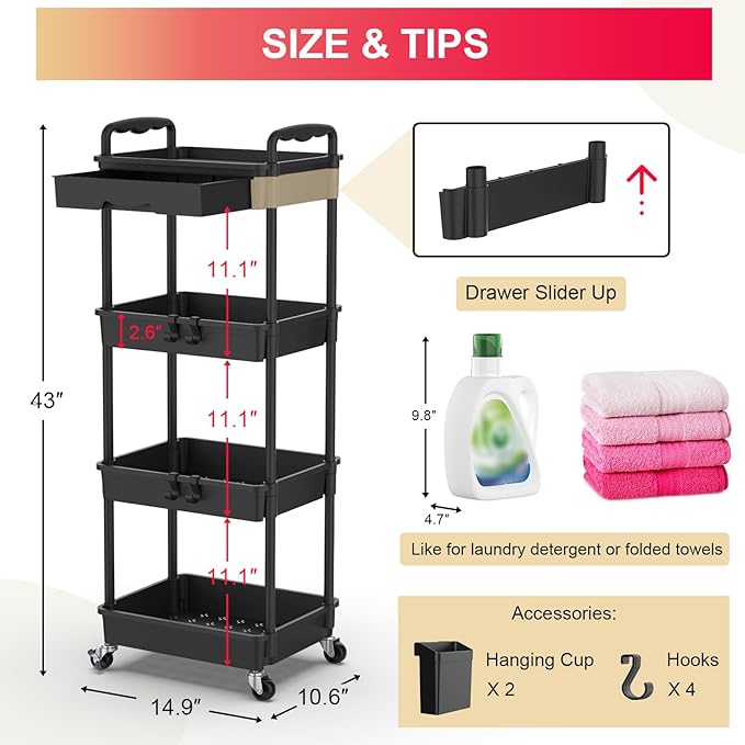 Goovilla 4 Tier Rolling Utility Cart Organizer with Removable Drawer, Stable and Sturdy Black Rolling Storage Carts with 2 Lockable Wheels for Bathroom, Kitchen, Snack, Craft, Makeup, Baby Essentials