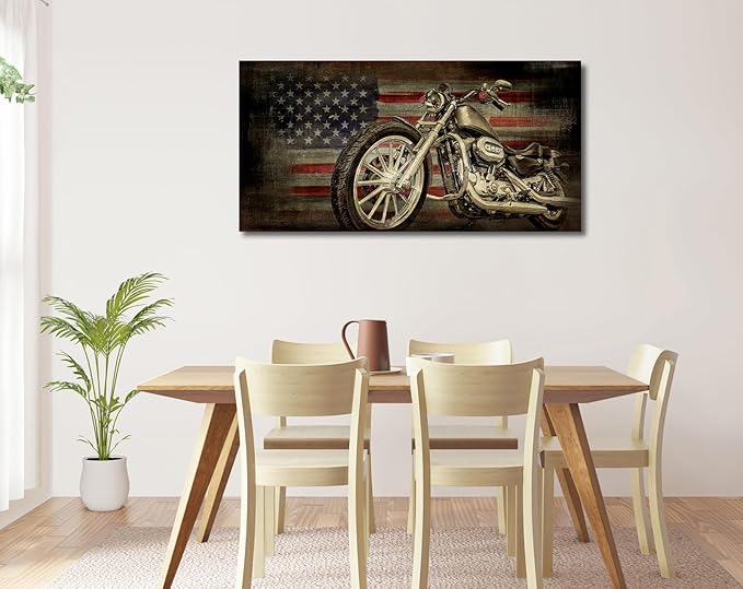 yearainn American Flag Motorcycle Wall Art - Vintage Map of USA Pictures Retro Motorcycle Wall Decor American Freedom Ride Canvas Painting Print Modern Classic Artwork for Home Office Decor 20" x 40"