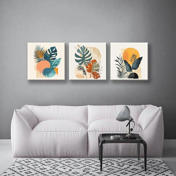 NAN Wind 3 Panels Modern Abstract Tropical Canvas Wall Art Colorful Leaf Prints Contemporary Botanical Art for Living Room Minimalist Plant Decor Geometric Palm & Monstera Leaf Paintings Home Decor