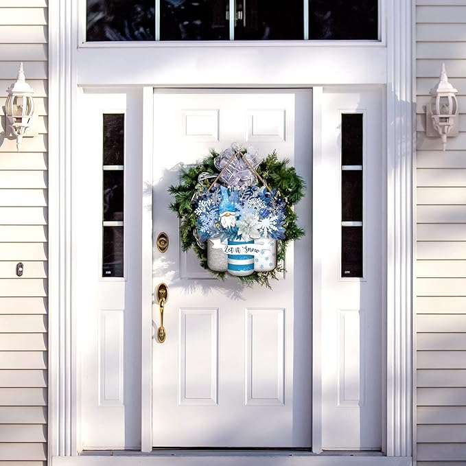 Spiareal Winter Welcome Sign Wood Blue Mason Jar Front Door Decor Winter Wooden Hanging Wreath Outdoor Front Door Decorations for Farmhouse Porch Decoration (Blue Mason Jar Style)