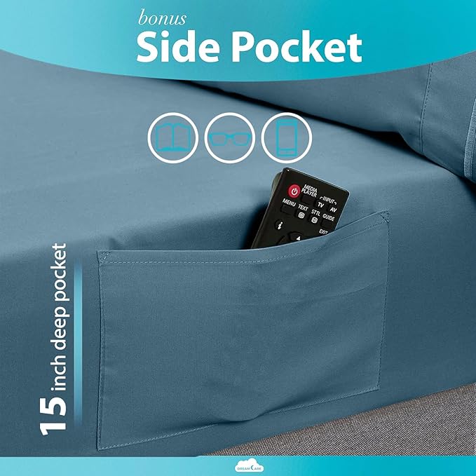 DREAMCARE Full Size Sheets Set - 6 Pcs Deep Pocket Cooling Bed Sheets - Soft, Long Lasting 100% Brushed Microfiber with Side Pocket (Mineral Blue, Full)