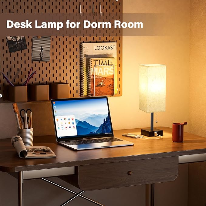Bedside Lamps for Bedroom Set of 2 - Small Rectangular Nightstand Lamp with USB A C Charging Port, 3 Color Temperatures Desk Light with Bulb, Tabletop Reading Lamp for Living Room/Dorm/Office