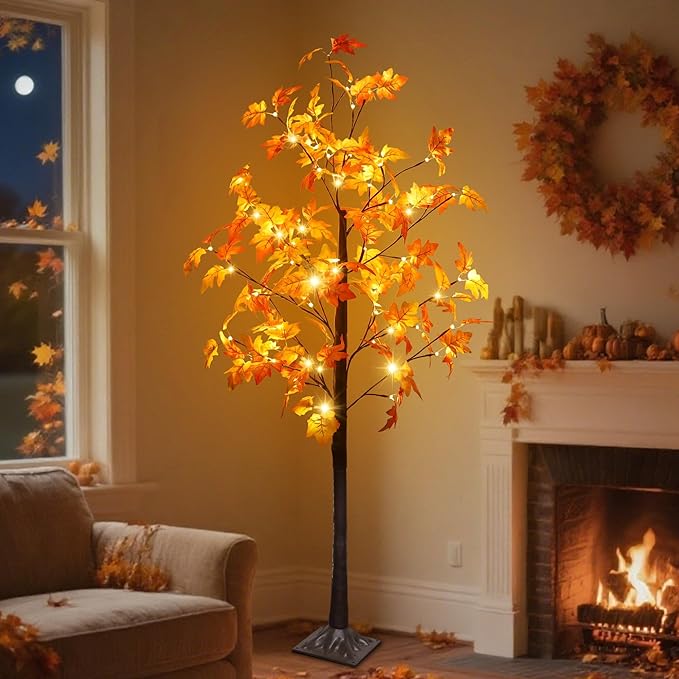 DR.DUDU 5 FT Fall Decorations for Home, Lighted Fall Maple Tree with LED Lights - Artificial Autumn Trees for Indoor/Outdoor Decor, Porch, Patio, Thanksgiving Seasonal Decor