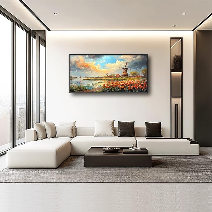 Windmill Framed Wall Art for Living Room, Large Tulips Canvas Wall Decor, Vintage Florals Pictures Painting, Farmhouse Artwork for Bathroom Bedroom 60L'' × 30W''