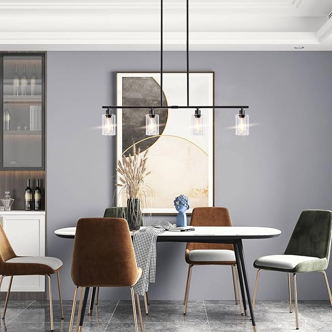 Kitchen Island Lighting, 4 Lights Linear Chandeliers Pendant Light Fixtures for Dining Room Farmhouse Hanging Light with Glass Shades(Black)