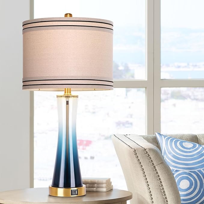 27.4''Table Lamps for Living Room Set of 2，3-Way Dimmable Modern Glass Bedside Lamps with USB Ports，Tall Lamps for Night Stands，Touch End Table Lamps for Bedroom Desk Lamps for Home Office（Blue）