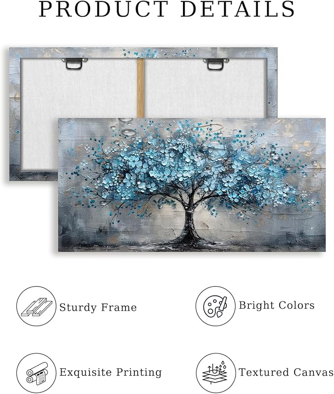 crmotu Tree of Life Large Wall Art for Living Room, Cherry Blossom Abstract Canvas Art Prints, Blue Flowers Tree Pictures Wall Decor, Nature Plant Modern Bedroom Bathroom Office Decor 24"X48"