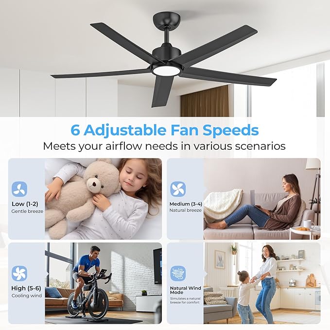 ocioc 52 Inch Smart Ceiling Fan,Modern Ceiling Fans with Lights and Remote,Compatible with Alexa/Google Home/APP,Reversible,Dimmable,3 CCT,Timer,Black Ceiling Fan for Bedroom,Living Room